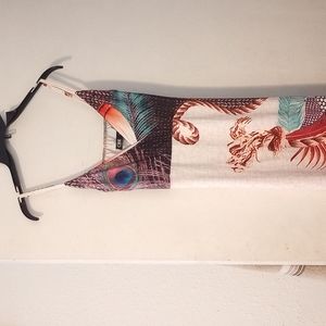 Long maxi dress with a split, peacock and leaves pattern